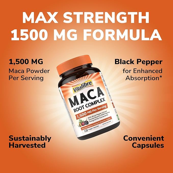 Maca Root Capsules for Women & Men, 1500 mg Maca Root Per Serving, with Black Pepper for Max Absorption, 95% Piperine, Vitality, Mood, Metabolic Support, 120 Capsules