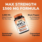 Maca Root Capsules for Women & Men, 1500 mg Maca Root Per Serving, with Black Pepper for Max Absorption, 95% Piperine, Vitality, Mood, Metabolic Support, 120 Capsules