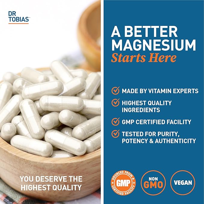Dr. Tobias Magnesium Bisglycinate - High Absorption Magnesium Buffered Chelate Complex 200 mg per Capsule | Supports Energy, Muscle, Bone & Joint Health - Non-GMO Magnesium Supplement, 120 Capsules