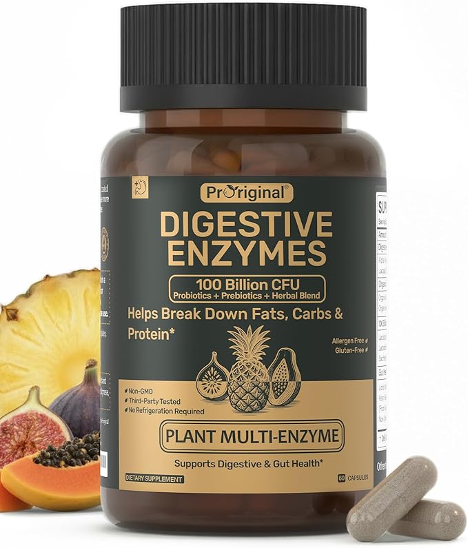 Digestive Enzymes Supplement with 100 Billion CFU Organic Probiotic & Prebiotic - Multi-Enzyme Formula for Women & Men - Supports Digestive & Gut Health, Aids Protein, Carb & Dairy Digestion, 60 Caps