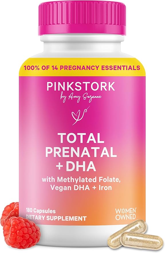 Pink Stork Total Prenatal Vitamins with DHA, Folate, and Iron, 3 Month Supply to Help Support Fetal Development, Pregnancy Must Haves - 180 Capsules