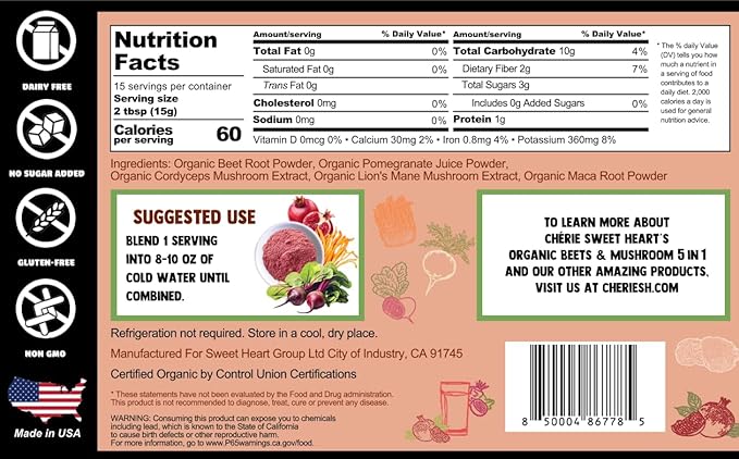 Cherie Sweet Heart Organic Beets & Mushroom 5 in 1, Beet Root Powder, Mushroom Powder Supplement, Beetroot with Pomegranate, Cordyceps, Lions Mane, Maca, USDA Organic, Gluten Free - 8 Oz Jar
