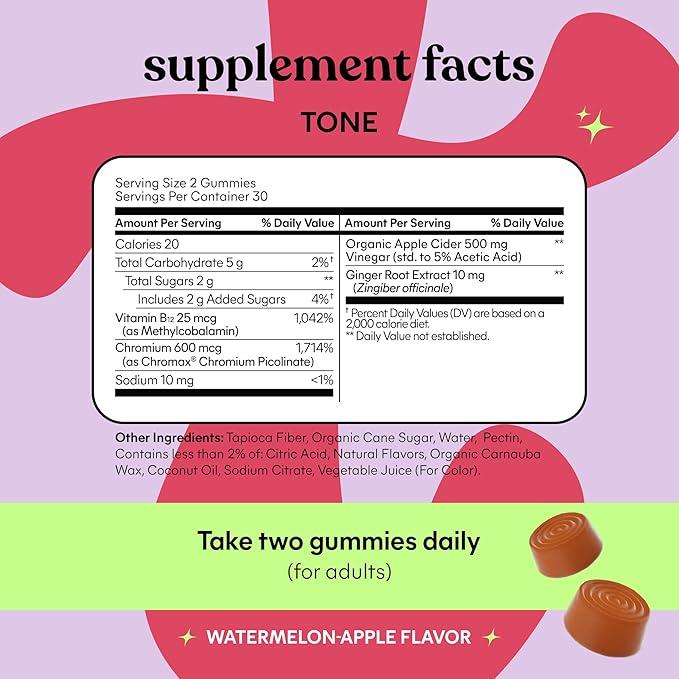 Lemme Tone Metabolism Gummies, Apple Cider Vinegar, Clinically Studied Chromium, B12, Ginger Root Extract, Promote Lean Body Mass, Watermelon Apple Flavor (30 Day Supply)