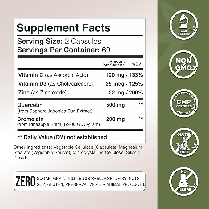 Gade Nutrition Quercetin with Vitamin C and Zinc - Quercetin 500mg - Quercetin with Bromelain - Zinc Quercetin - Quercetin Supplements + Vitamin D3 (Non-GMO, Gluten-Free, Vegan) - 6 Month Supply
