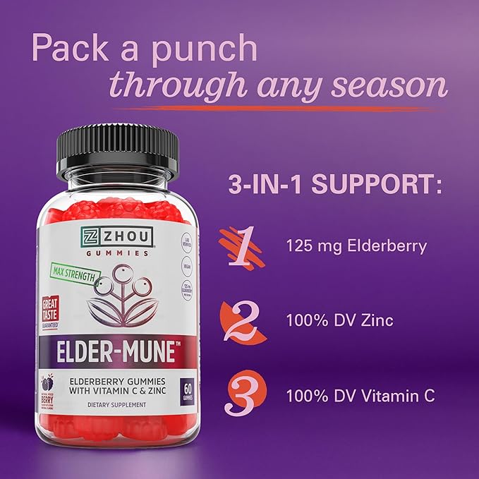 ZHOU Immune Support Bundle - Elder-Mune Elderberry & Vitamin C Gummies for Adults & Kids, Daily Natural Immune Support Supplements for Women & Men - 60 Elderberry & 60 Vitamin C Gummies