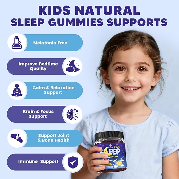 Kids Sleep Gummies Melatonin Free - with Magnesium Glycinate, Lemon Balm, L-Theanine & GABA - Calming Relaxation, Support Natural Sleep, Quiet Mind - Berry Flavor, Non-Habit Forming