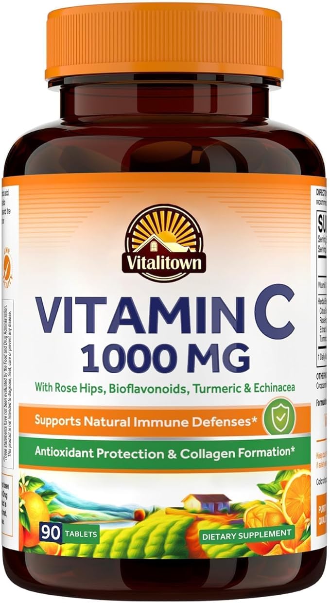 Vitalitown Vitamin C Complex 1000mg with Rose HIPS, Bioflavonoids, Turmeric & Echinacea, Daily Immune Support, Collagen Booster & Powerful Antioxidant, Vegan, 90 Tablets
