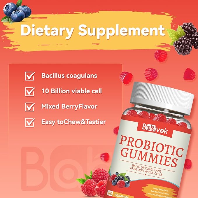 Probiotic Gummies 10 Billion CFU, Bacillus Coagulans for Digestive & Immune Support, Vegan, Non-GMO, Strawberry & Mixed Berry Flavor, 60 Count