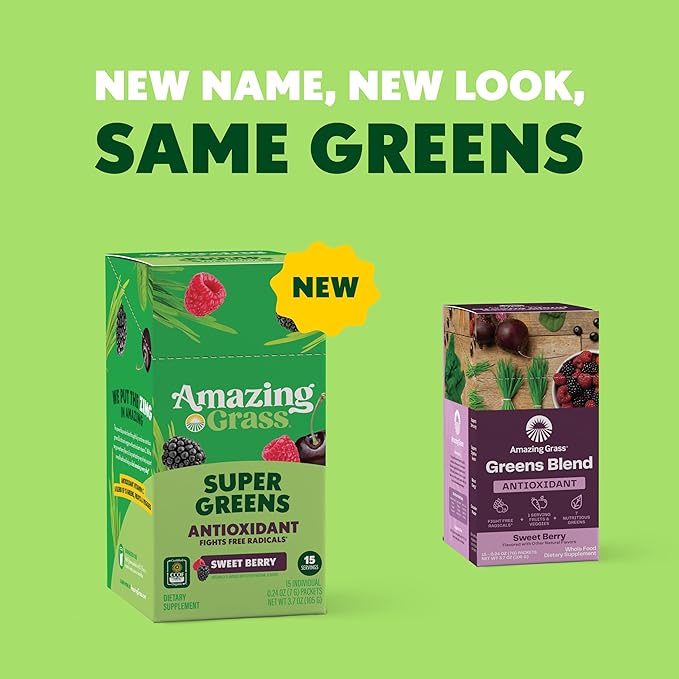 Amazing Grass Greens Blend Antioxidant: Super Greens Powder with Spirulina, Beet Root Powder, Elderberry, Prebiotics & Probiotics, Sweet Berry, 15 Servings (Packaging May Vary)
