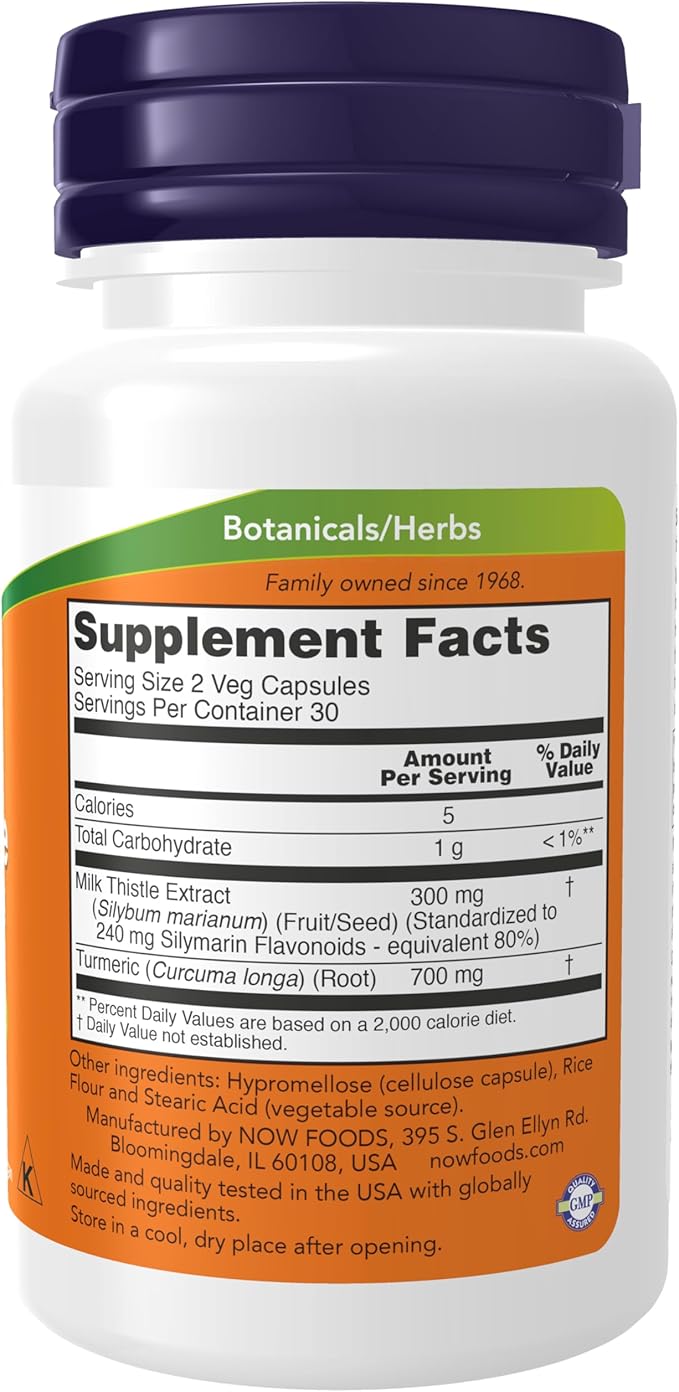 NOW Foods Supplements, Silymarin Milk Thistle Extract 150 mg with Turmeric, Supports Liver Function*, 60 Veg Capsules