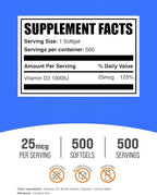 BulkSupplements.com Vitamin D3 1000IU Softgels - Cholecalciferol, D3 Supplement, Vitamin D 1000 IU - 1 Vitamin D3 Softgel (25mcg of Vitamin D) per Serving, 500 Count (Pack of 1)