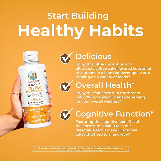 MARYRUTH'S Organics Lions Mane Supplement | Ultra Absorption Liposomal | Full Spectrum Lion's Mane Mushroom | 200mg Beta-Glucans Per Serving | USDA Organic | Vegan | 7.6 oz | 15 Servings