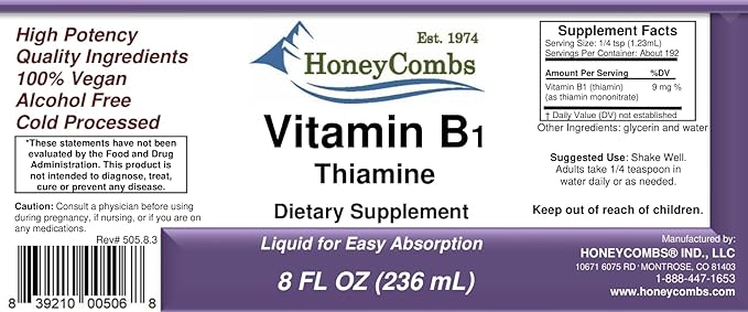 HoneyCombs Vitamin B1 Supplement (Thiamine) Liquid Drops - High Potency Thiamine B1 Supplement for Men & Women - Maintain Nervous System, Energy & Overall Health - Vegan Liquid B Vitamins (8 Fl oz)