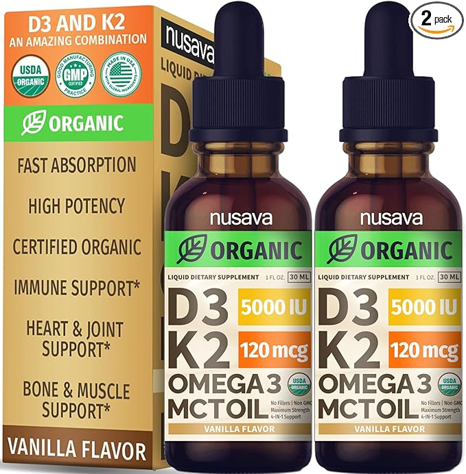 (2 Pack) Organic Vitamin D3 K2 Drops with MCT Oil Omega 3, 5000 IU - Maximum Strength Vitamin D Liquid, No Fillers, Non-GMO Liquid D3 for Faster Absorption and Immune Support (Vanilla, 1 Fl OZ x 2)