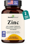 Zinc 30mg with Copper, Selenium & Vitamin D3 | 60 Capsules | Magnesium, Vitamin B6, Biotin | Absorbable Zink Supplements for Men & Women | Chelated Zinc for Immune Health, Skin, Hair, & Nails Support