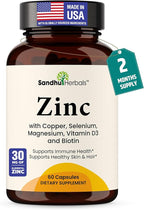 Zinc 30mg with Copper, Selenium & Vitamin D3 | 60 Capsules | Magnesium, Vitamin B6, Biotin | Absorbable Zink Supplements for Men & Women | Chelated Zinc for Immune Health, Skin, Hair, & Nails Support