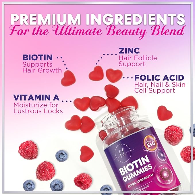 Hair Vitamins Gummies with Biotin 5000 mcg per Serving - Hair Growth Support with Vitamins E & C for Thicker, Stronger & Beautiful Hair - Hair Skin and Nails Vitamin, Gluten Free - 60 Gummies