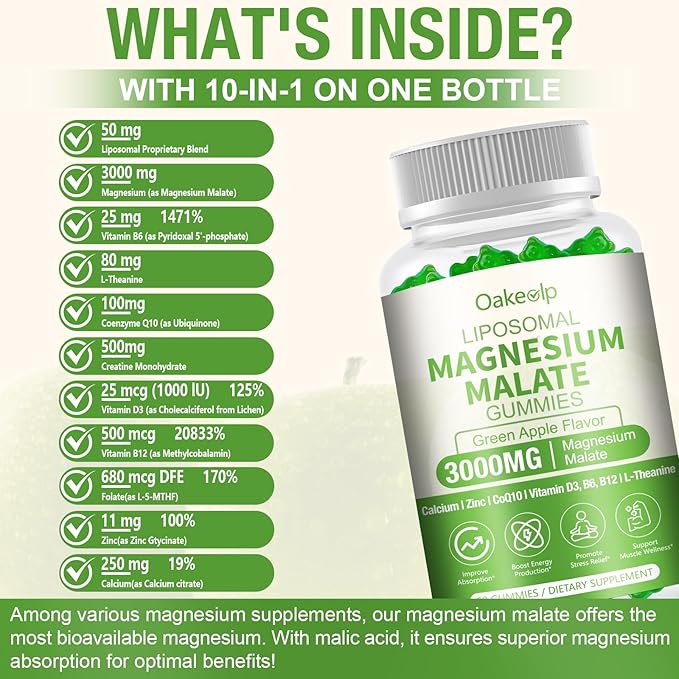 2 Pack Liposomal 3000mg Magnesium Malate Gummies Supplement,Complex Creatine Monohydrate,Folate, Active B12 & D3, L-Theanine & CoQ10, for Stress Relief,Methylation, Energy, Muscle & Calm