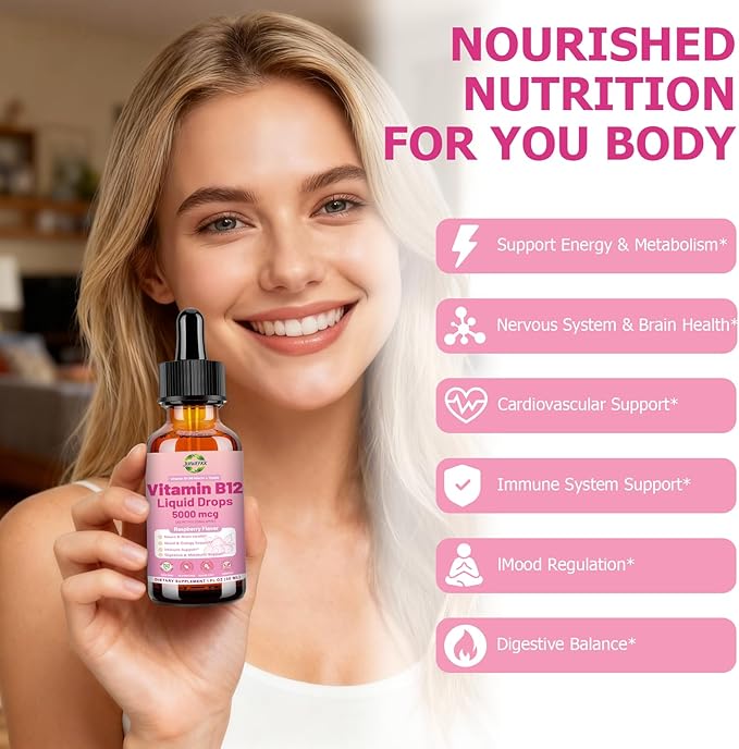 Liquid Vitamin B12 Drops 5000 mcg - Extra Strength B12 Methylcobalamin with B1 B6 B3 Folate Niacin - Fast Absorption Sublingual B-12 Drops for Energy Metabolism & Brain Function, Vegan B Complex