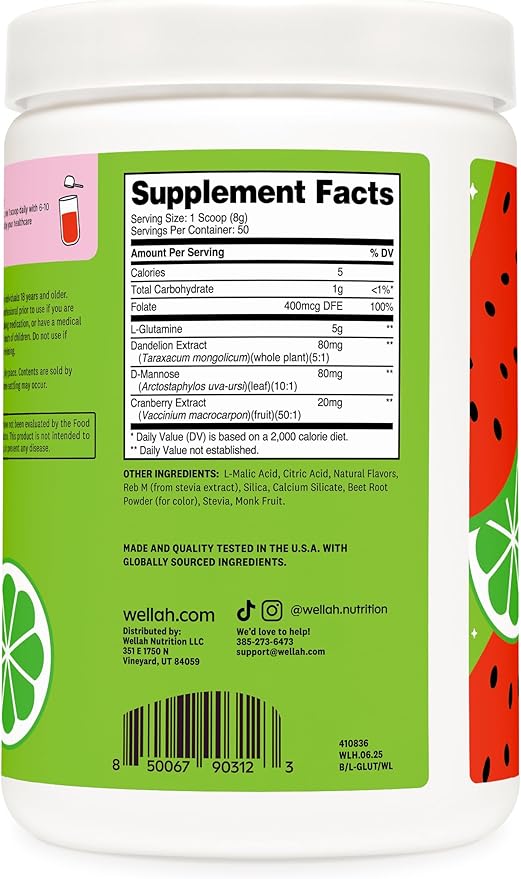 Wellah L-Glutamine Powder Watermelon Lime (50 Servings) - 5g L-Glutamine Per Serving, Sweetened with Stevia