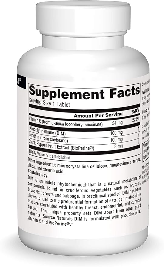 Source Naturals DIM, Diindolylmethane 100mg with BioPerine, Vitamin E & More - 60 Tablets