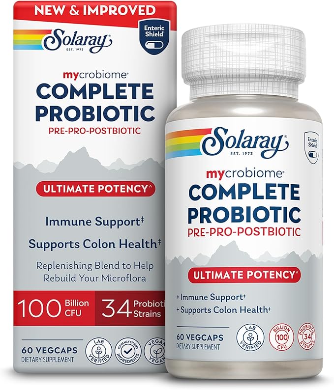 SOLARAY Mycrobiome Complete Probiotic Ultimate Potency - Pre and Probiotics for Women and Men Plus Postbiotic - 100 Billion CFU, 34 Strains - Vegan - 30 Servings, 60 VegCaps