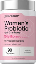 Horbäach Women's Probiotic with Cranberry Supplement | 10 Billion CFU | 14 Probiotic Strains | 90 Capsules | Non GMO, Gluten Free