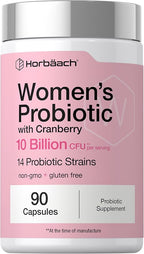 Horbäach Women's Probiotic with Cranberry Supplement | 10 Billion CFU | 14 Probiotic Strains | 90 Capsules | Non GMO, Gluten Free