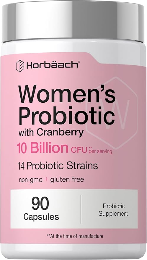 Horbäach Women's Probiotic with Cranberry Supplement | 10 Billion CFU | 14 Probiotic Strains | 90 Capsules | Non GMO, Gluten Free