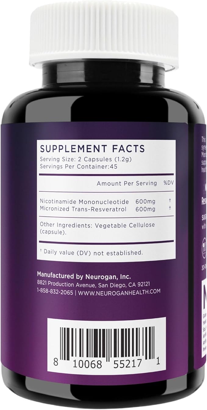 Neurogan NMN + Resveratrol Capsules – Cellular Health & Energy Support – 1200mg Nicotinamide Mononucleotide and Trans-Resveratrol per Serving, 90 Count