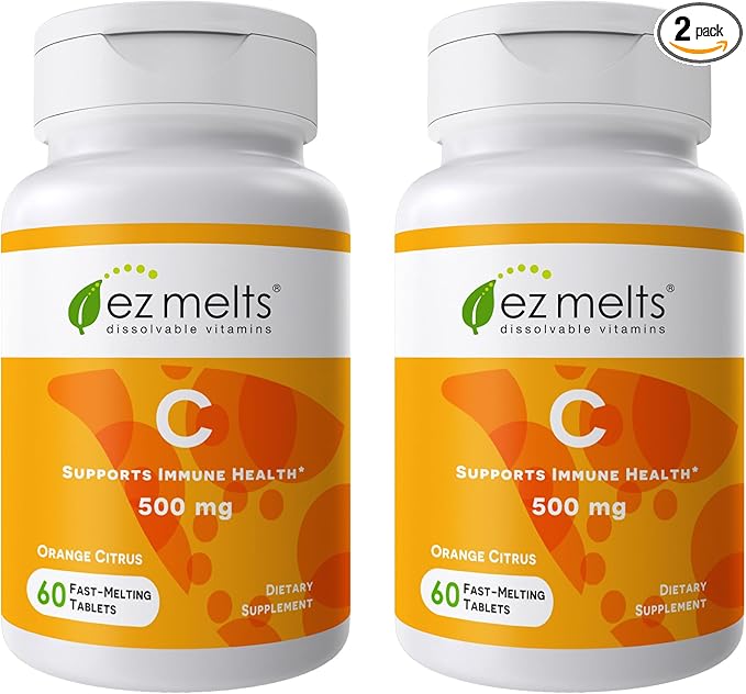 EZ Melts Vitamin C - Daily Vitamin for Antioxidant & Immune Support - No Artificial Flavors - Non-GMO & Sugar-Free - Orange Citrus - 120 Dissolvable Tablets (60 Servings)