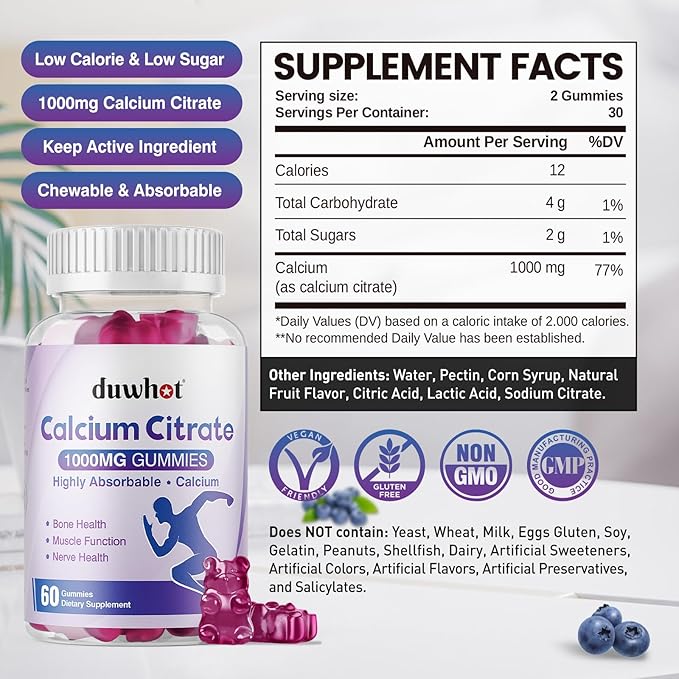 duwhot Calcium Citrate Gummies, Chewable Calcium Citrate 1000mg For Bone, Muscle & Immune Support, High Absorption Calcium Supplements for Women & Men, Kids, Blueberry Flavor, Vegan, Organic, 60 Chews