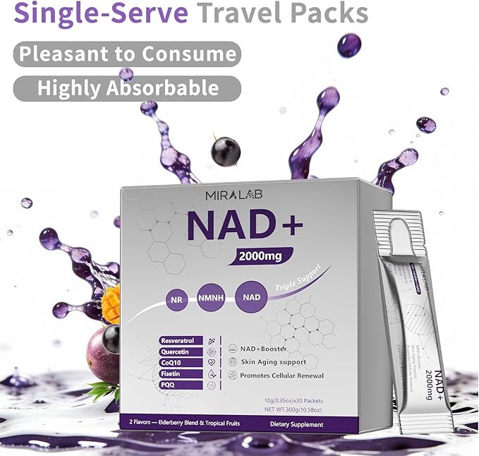 NAD+ Liquid Supplement Packets, Advanced Nicotinamide Riboside, Trans-Resveratrol, PQQ & Quercetin Complex for Cellular Energy & Healthy Aging Support - 2 Flavors (30 Count)
