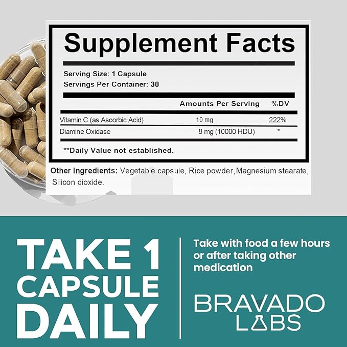 Bravado Labs DAO Supplements Histamine Blocker - DAO Enzyme + Diamine Oxidase & Vitamin C for Daily Histamine Metabolism & Immune Support - 30 ct