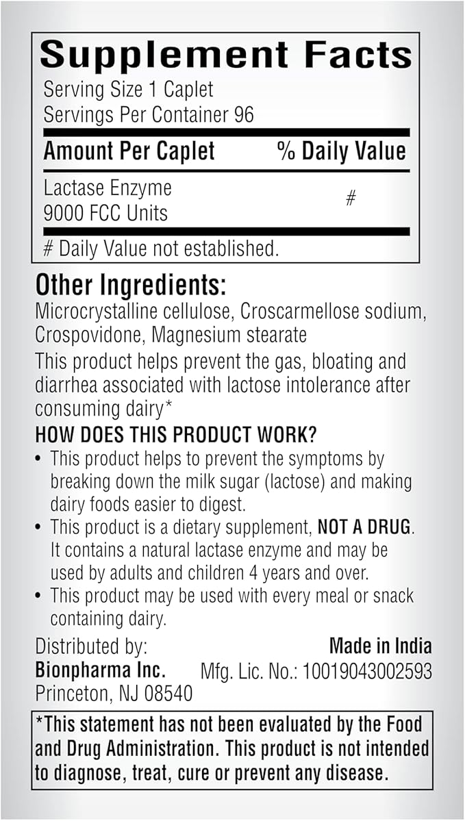 A+Health Dairy Relief Lactase Enzyme 96 Count, 9000 FCC Caplets, Fast Acting, Dye-Free, Dietary Supplement, Helps Prevent Gas, Bloating, Diarrhea Associated with Lactose Intolerance