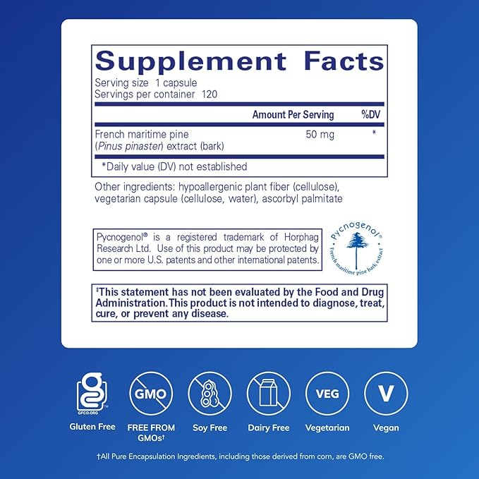 Pure Encapsulations Pycnogenol (Pine Bark Extract) 50 mg | Hypoallergenic Supplement to Support Cognitive Function and Cardiovascular Health | 120 Capsules