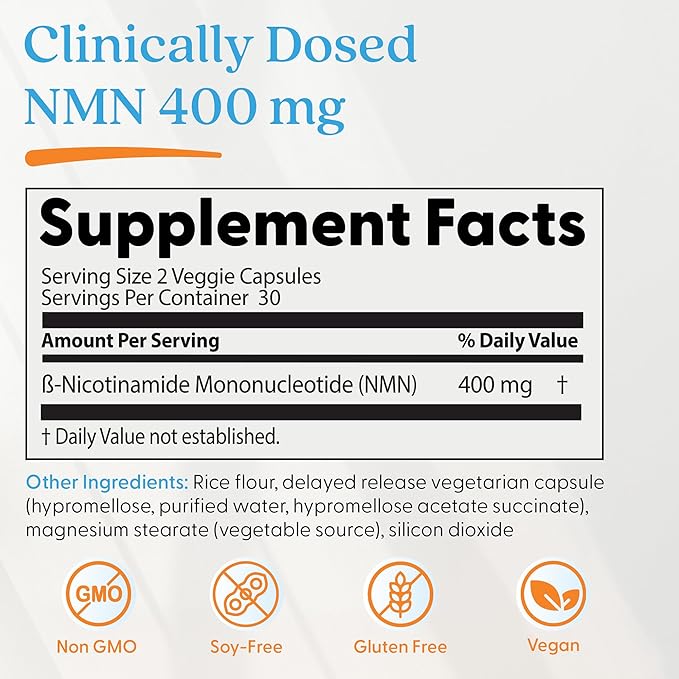 Doctor's Best NMN Supplement for Women & Men - Supports NAD+ Production & Cellular Energy, Beta Nicotinamide Mononucleotide, 200 mg per Capsule, Vegan, Non GMO - 60 Veg Caps