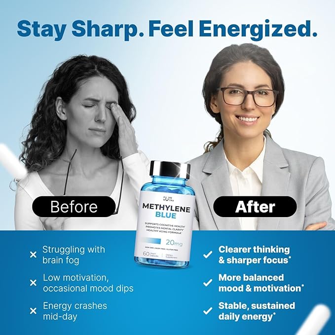Ultimate Methylene Blue Capsule Form with Added Vitamin C Ester for Enhanced Absorption, Brain Supplement, Memory, Focus, Clarity, Cognitive - Brain Booster Supplement Energy Pills | 240 Servings
