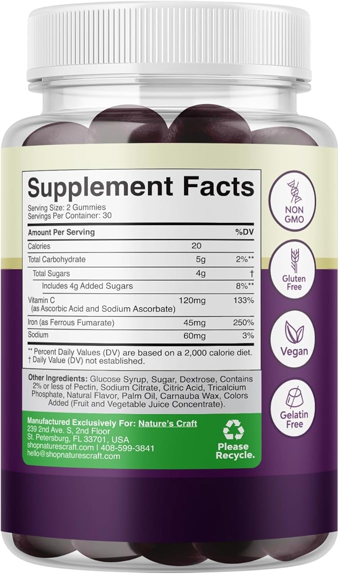 Extra Strength Iron Gummies for Women and Men - Potent 45mg per Serving Chewable Supplement for Women and Men with Vitamin C for Higher Absorption - Vegan Daily Iron Gummy No Artificial Flavors - 60Ct