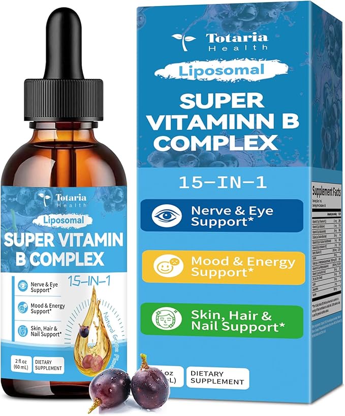 15-in-1 Liposomal Vitamin B Complex Pro, B Complex Drops with Vitamin B1, B2, B3 Niacinamide, Choline, B5, B6, B7 Biotin, Inositol, Folate, B12, Zinc, Lutein, Zeaxanthin, Taurine, Vitamin C, 2 fl oz