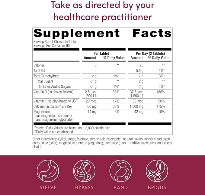 Bariatric Advantage Calcium Citrate Chewable 500mg with Vitamin D3 for Bariatric Surgery Patients Including Gastric Bypass and Sleeve Gastrectomy, Low Sugar - Cinnamon Flavor, 90 Count