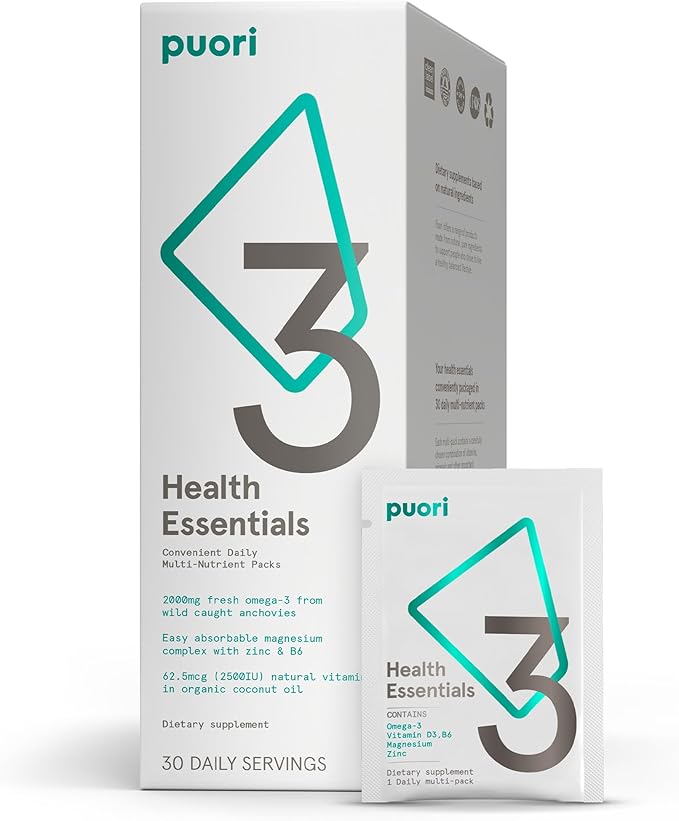 Puori P3 Health Essentials with Magnesium Zinc Complex, Omega 3 Fish Oil & Vitamin D3 Supplements - Men & Womens Daily Multi-Vitamins for Immune System Support & Overall Health - 30 Servings