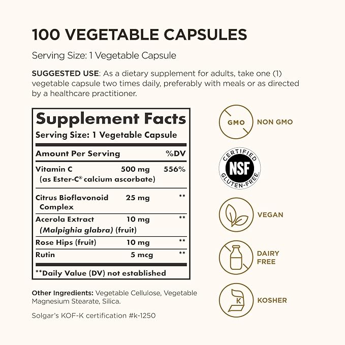 Solgar Ester-C Plus 500 mg Vitamin C (Ascorbate Complex), 100 Vegetable Capsules - Gentle & Non Acidic - Antioxidant & Immune Support - Non GMO, Vegan, Gluten-Free, Kosher - 100 Servings