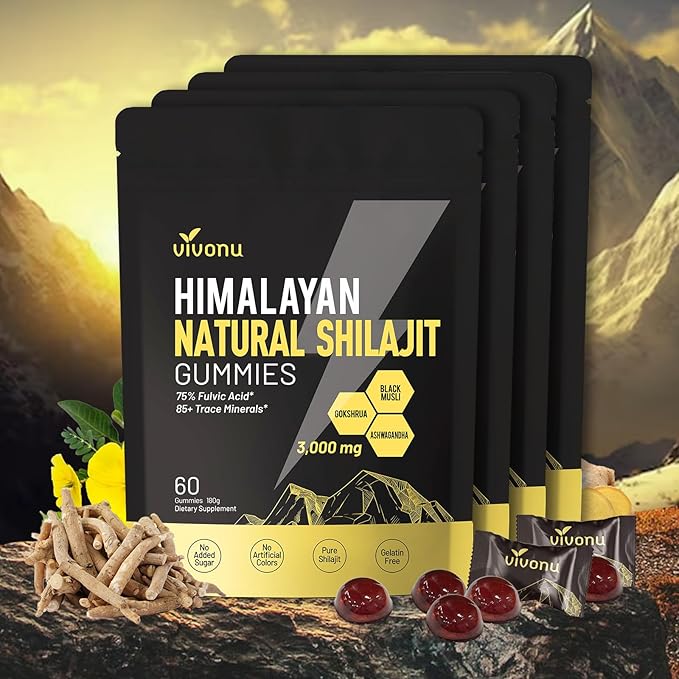VivoNu Shilajit* Gummies,Pure Himalayan* micronutrient Supplement, Himalayan Premium Ingredient with Shilajit, Ashwagandha, Gokshura, Fulvic Acid & 85+ Trace Minerals I for Men & Women (3000MG/4 Bag)
