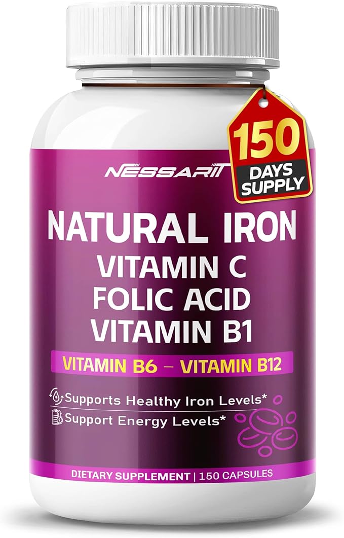 Organic Iron High Potency with Vitamin C, Folic Acid - High-Absorption Formula Vitamin B1, Vitamin B6, Vitamin B12 - Support Blood Building - 150 Count