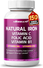 Organic Iron High Potency with Vitamin C, Folic Acid - High-Absorption Formula Vitamin B1, Vitamin B6, Vitamin B12 - Support Blood Building - 150 Count