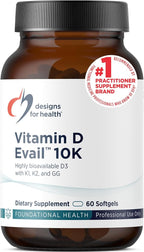 Designs for Health D-Evail 10K - 10,000 IU Vitamin D Supplement with Vitamin K (K1, K2 as MK-4) + GG - Bone, Cardiovascular + Immune Support - Improved Bioavailability Vitamin D3 (60 Softgels)