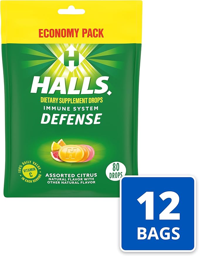HALLS Defense Assorted Citrus Vitamin C Drops, Dietary Supplement Drops, Economy Pack, 12 Bags (960 Total Drops)