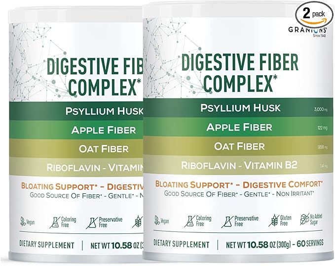 Psyllium Husk Powder 4in1 Digestive Fiber Supplement - Gut Health, Bloat Relief for Women and Men, Soluble and Insoluble Psyllium Husk Fiber Powder, Vitamin B2 - Vegan, Unflavored, Sugar-Free, 2-PACK