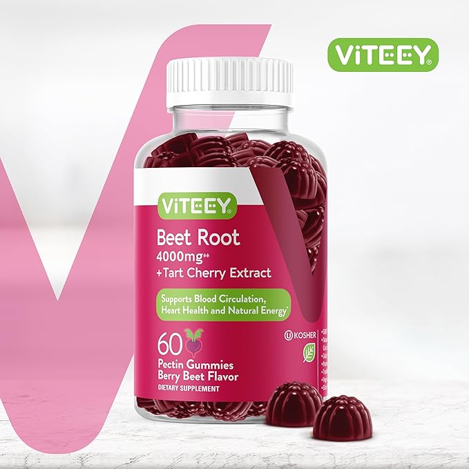 Viteey Beet Root Gummies 4000mg [from 80mg of 50:1 Extract] with Tart Cherry - for Healthy Blood Pressure Support - Vegan, Gelatin Free, Gluten Free-Tasty Chewable Berry Beet Flavored Gummy-60 Count